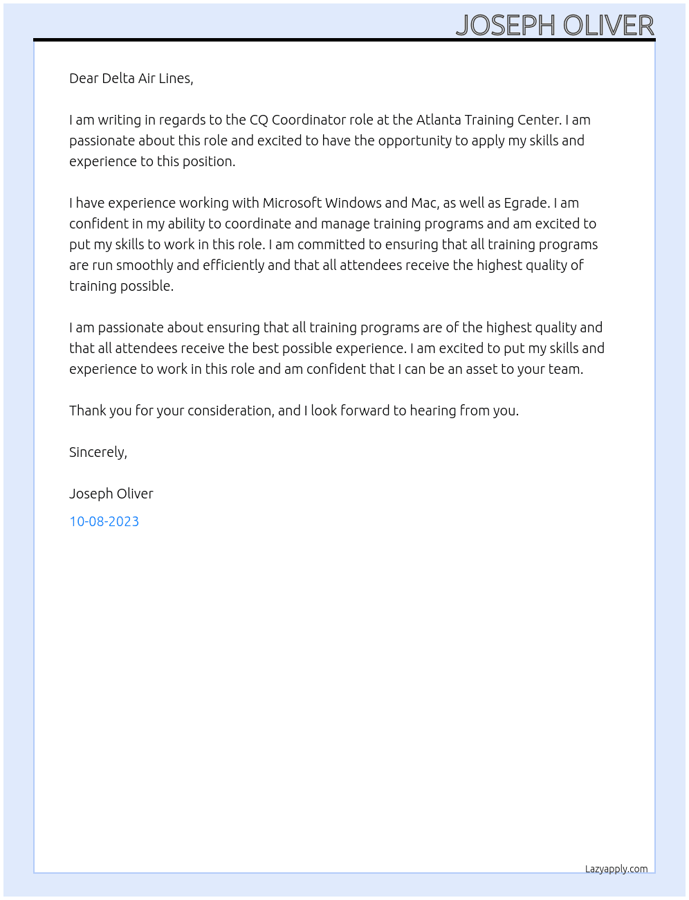 CQ Coordinator At Delta Air Lines Cover Letter