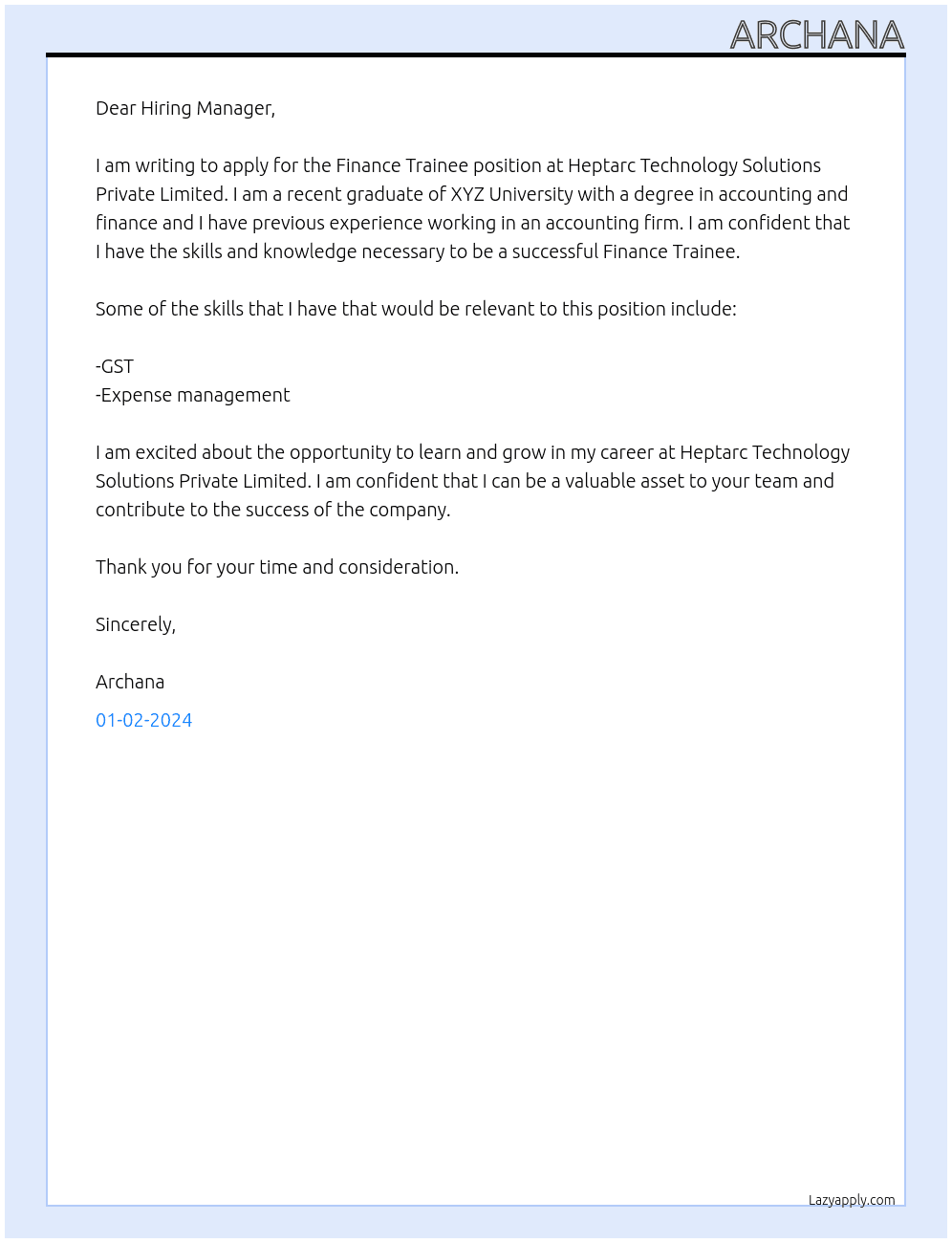 Finance trainee At Heptarc technology solution private limited  Cover Letter