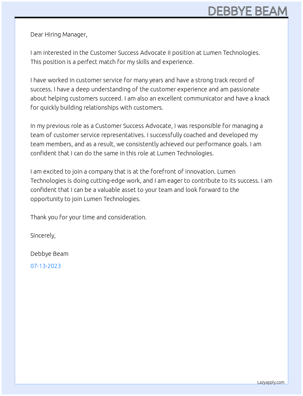 Customer Success Advocate II At Lumen Technologies Cover Letter