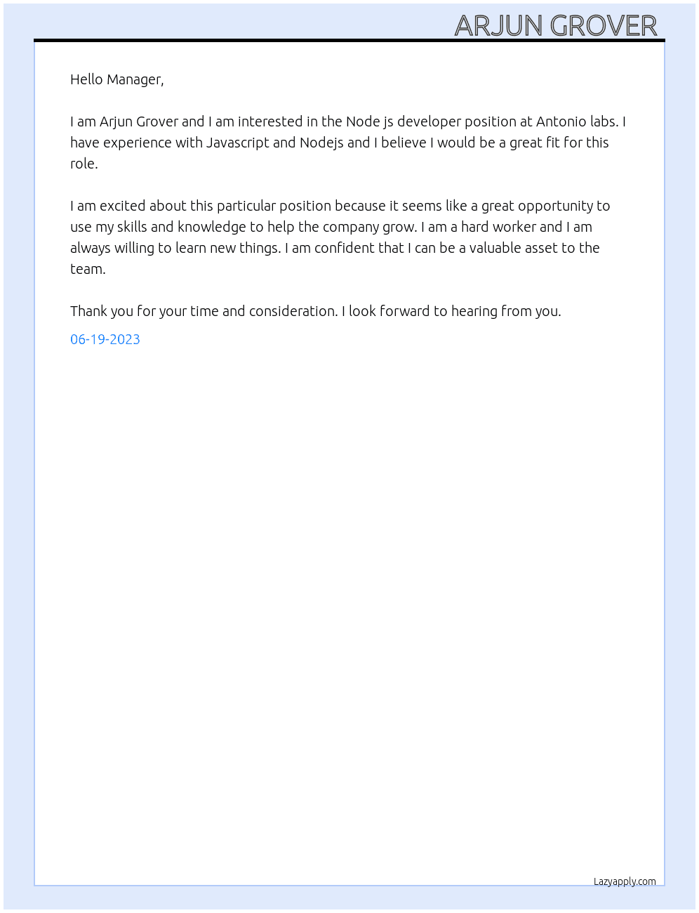 Node js developer  At Antonio labs  Cover Letter