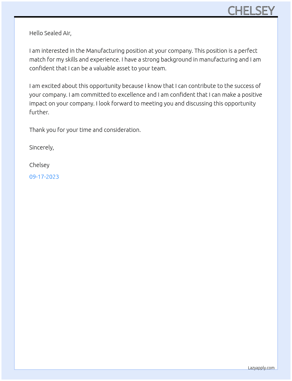 manufacturing  At Sealed Air  Cover Letter