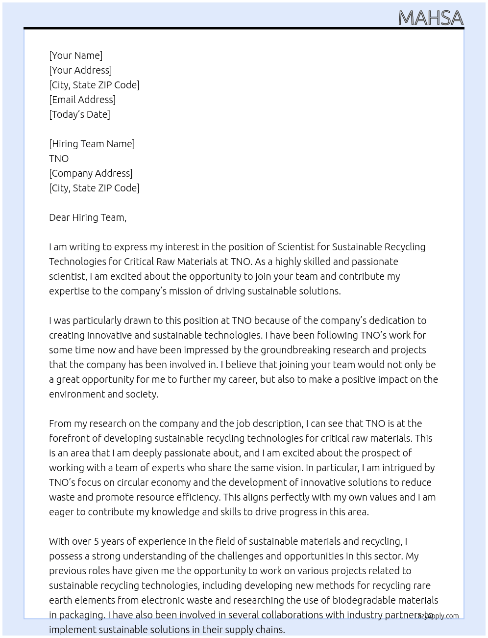 Scientist Sustainable Recycling Technologies for Critical Raw Materials At TNO Cover Letter