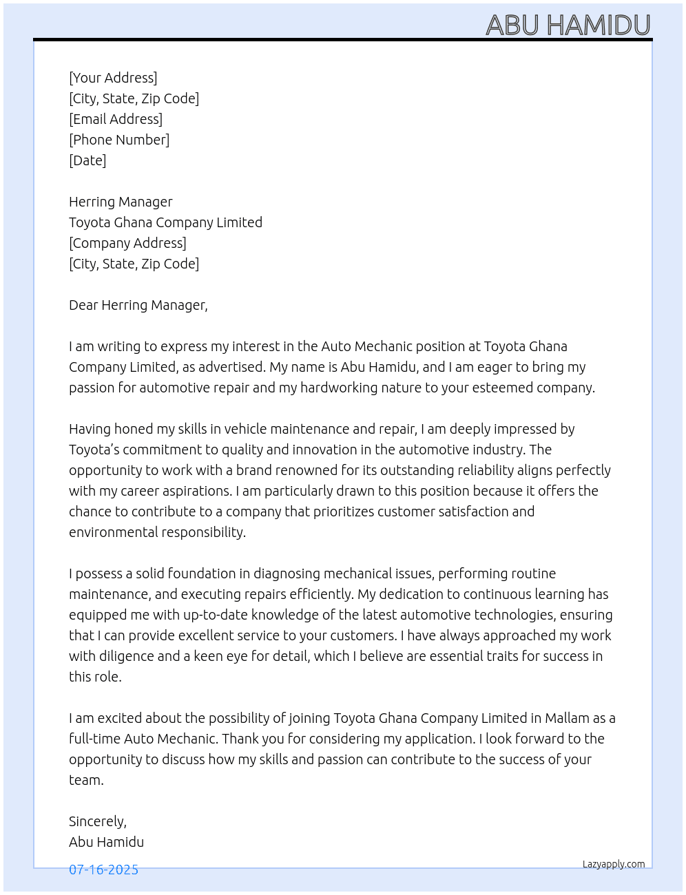 Auto mechanic  At Toyota Ghana Company Limited  Cover Letter
