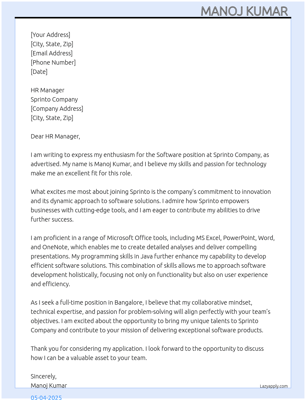 Software  At Sprinto company  Cover Letter