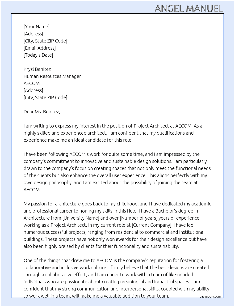 Project Architect At AECOM Cover Letter