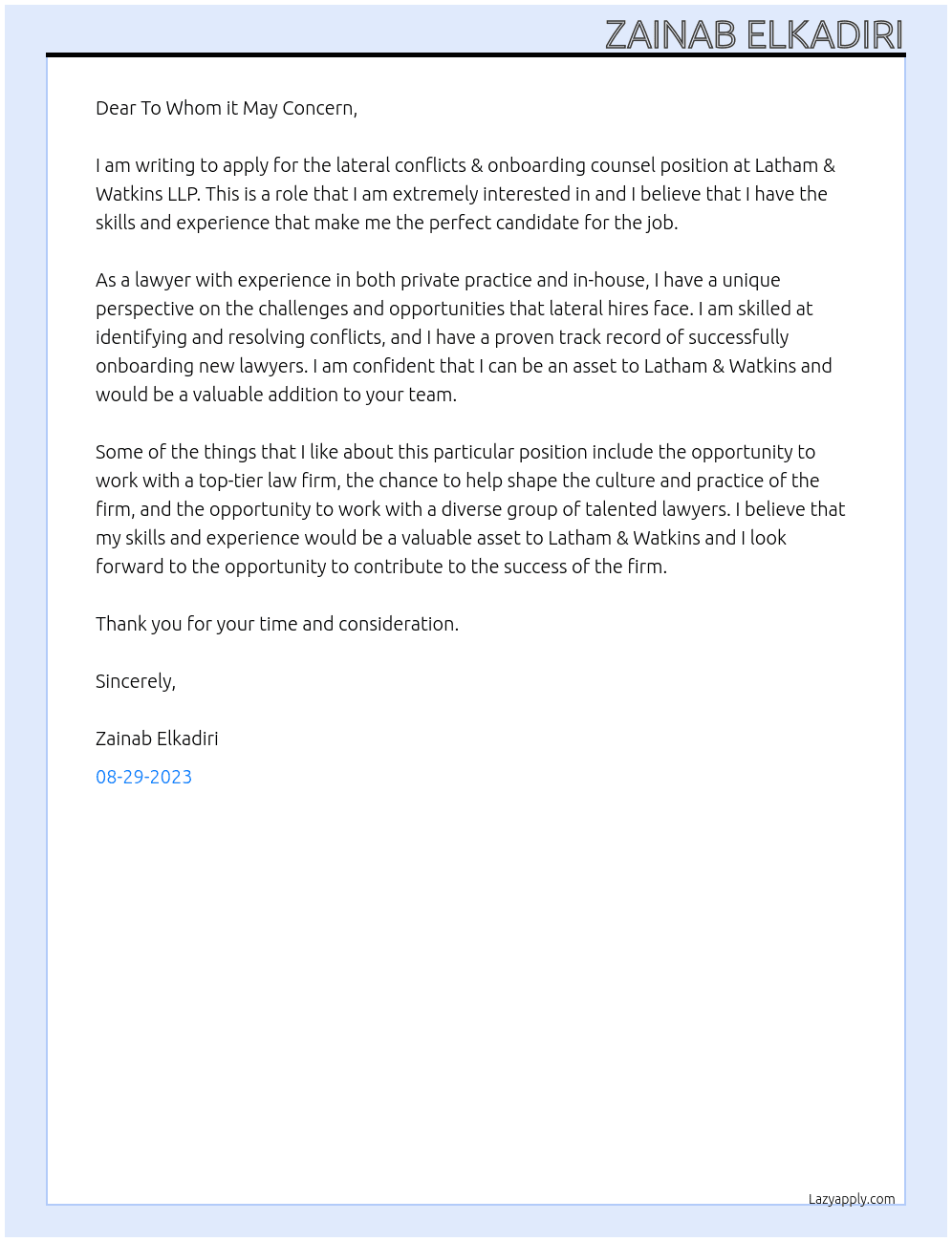 Lateral Conflicts & Onboarding Counsel At Latham & Watkins LLP Cover Letter