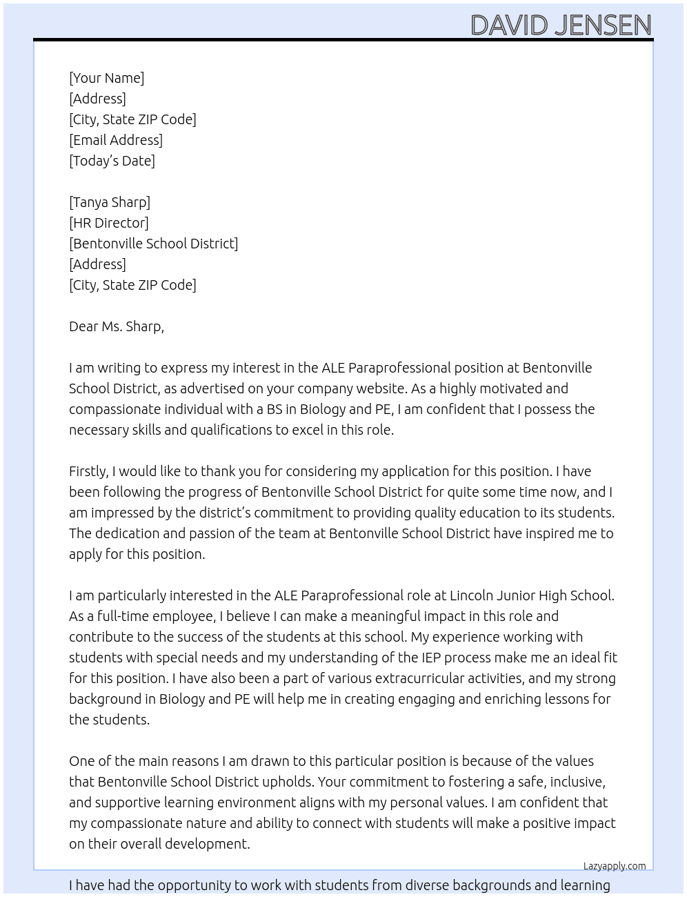ALE Paraprofessional At Bentonville School District Cover Letter