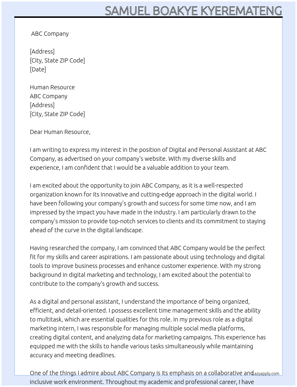 Digital and personal assistant At ABC Company Cover Letter