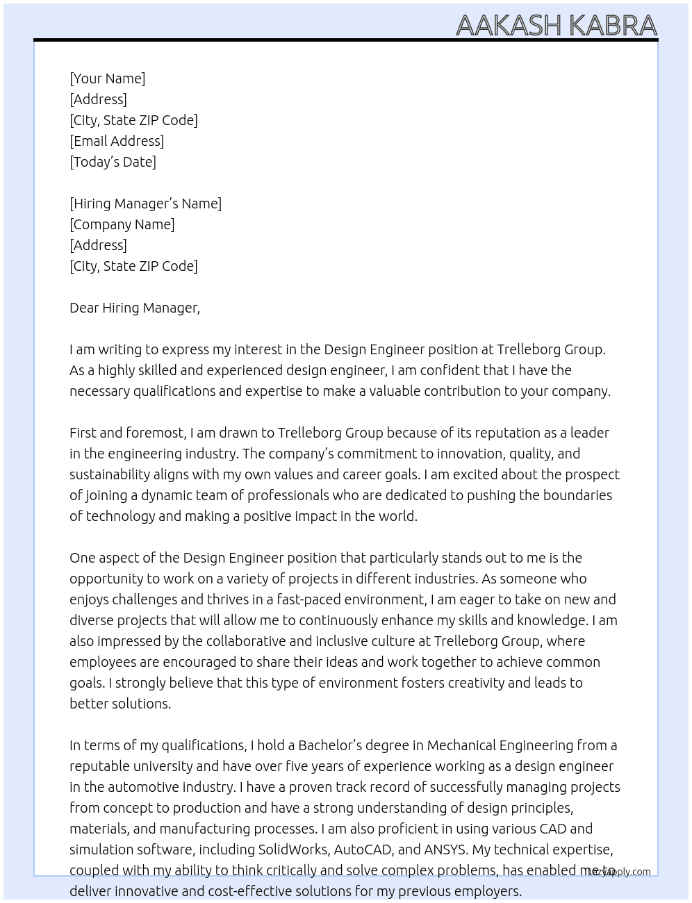 Design Engineer At Trelleborg Group Cover Letter