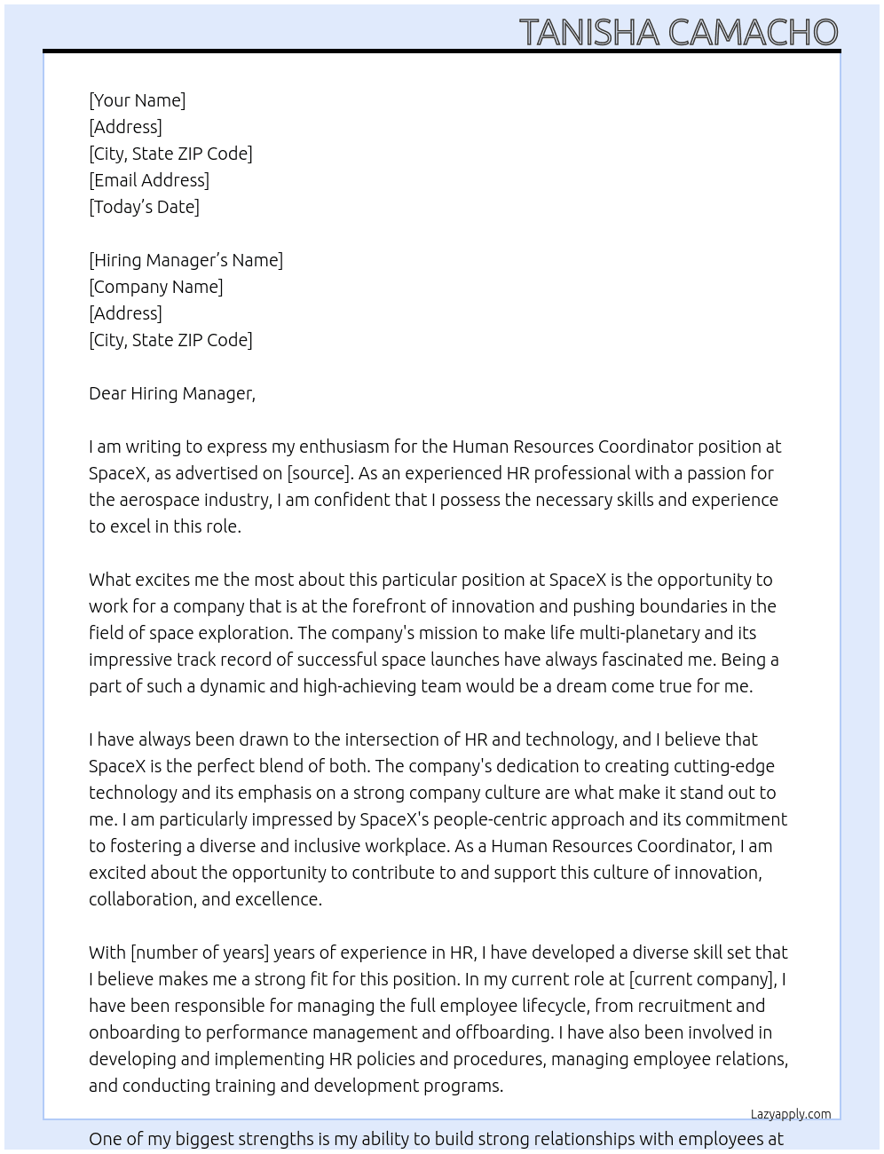Human Resources Coordinator At SpaceX Cover Letter