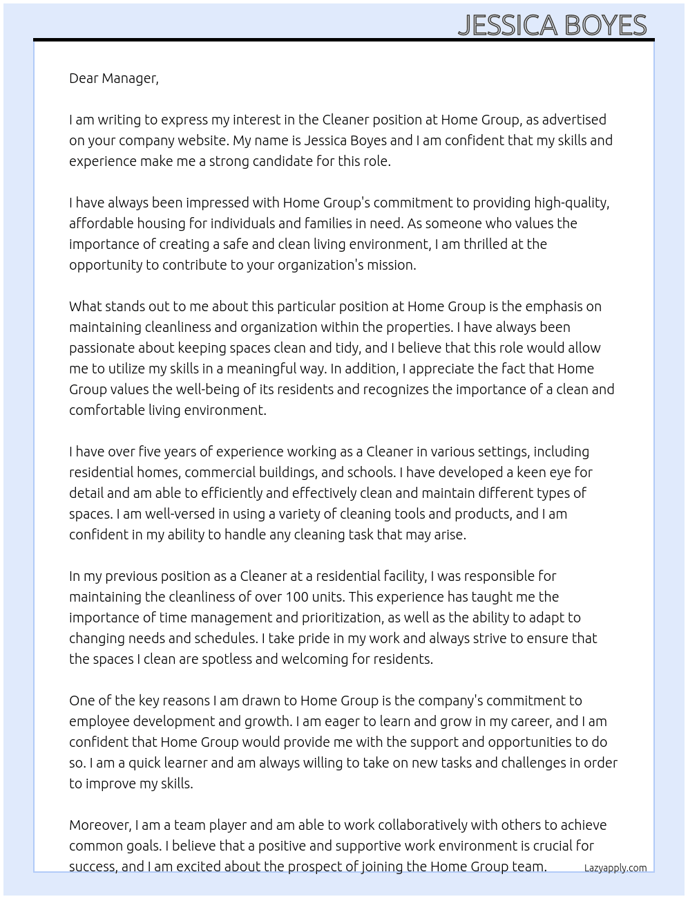 Cleaner  At Home group Cover Letter