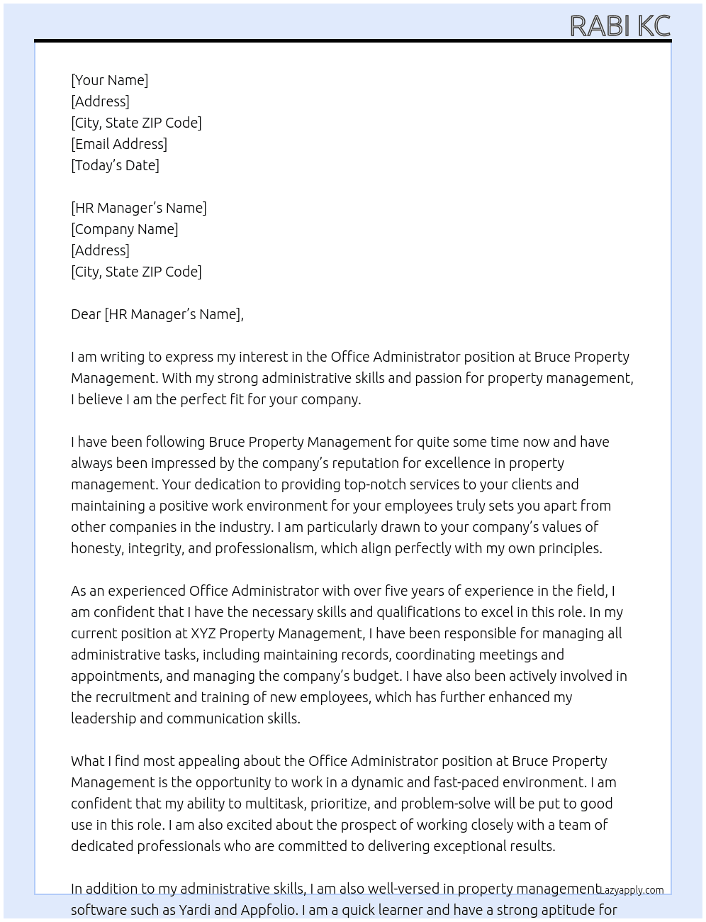 office administrator At Bruce Property Management Cover Letter