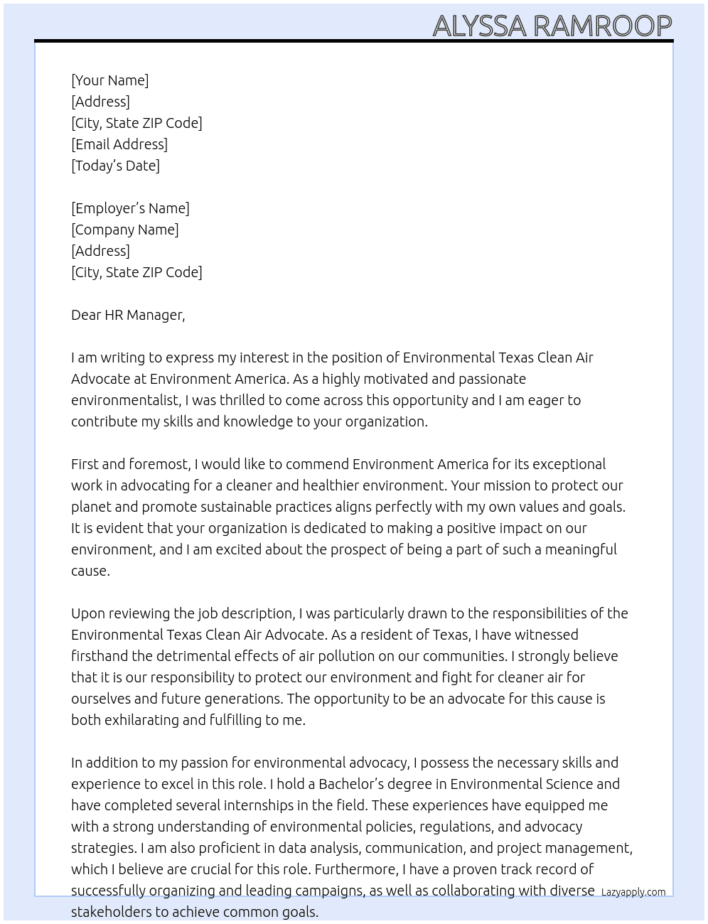 Environmental Texas Clean Air Advocate At Environment America Cover Letter