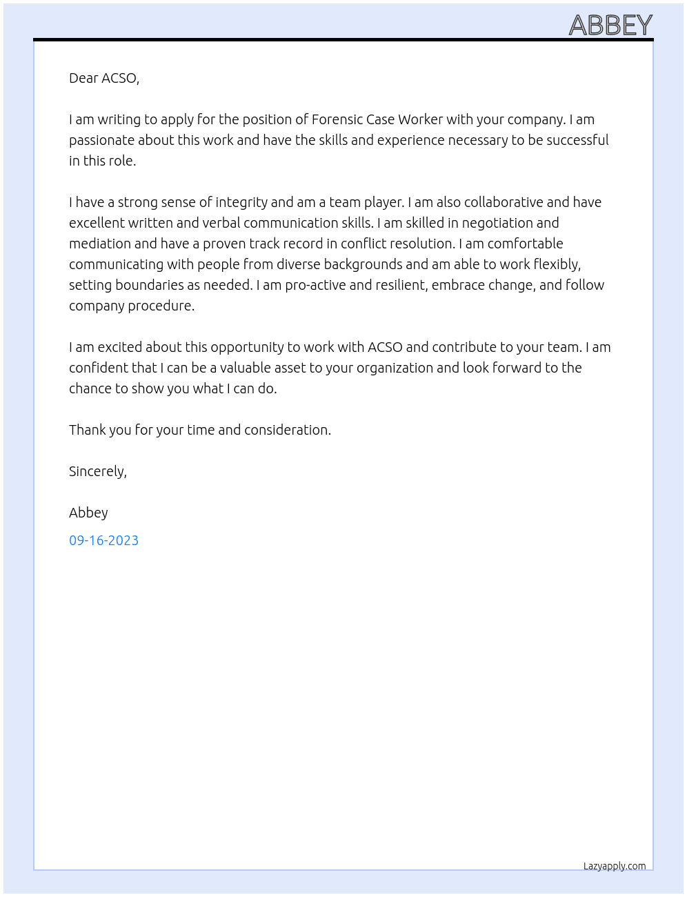 Forensic Case Worker At ACSO Cover Letter