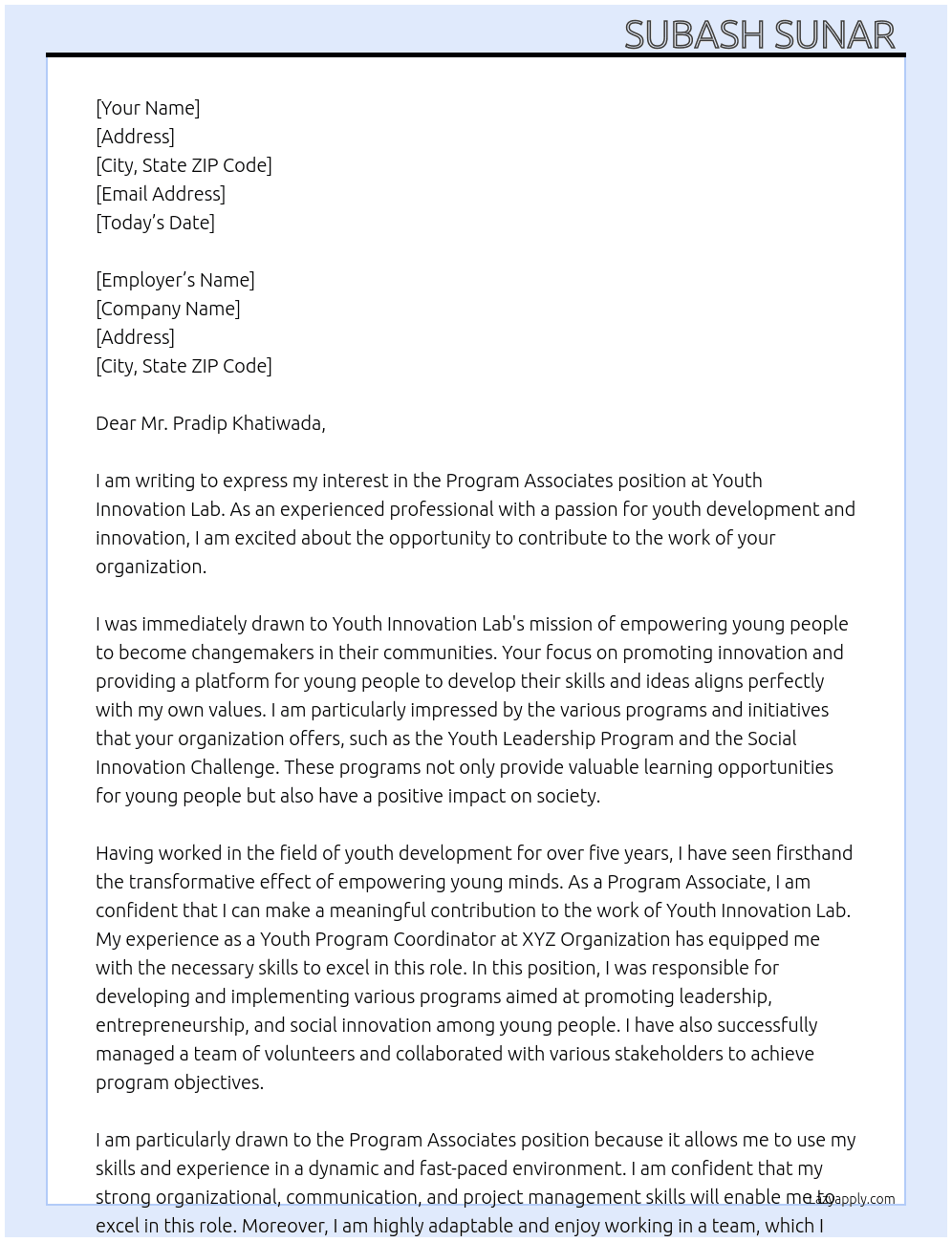 Program Associates  At Youth Innovation Lab  Cover Letter