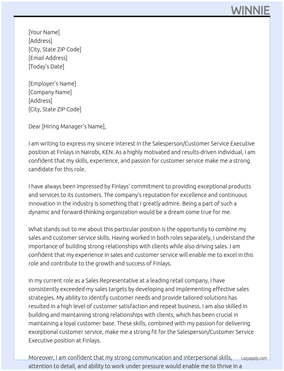 Cover letter for salesperson/customer service executive - LazyApply