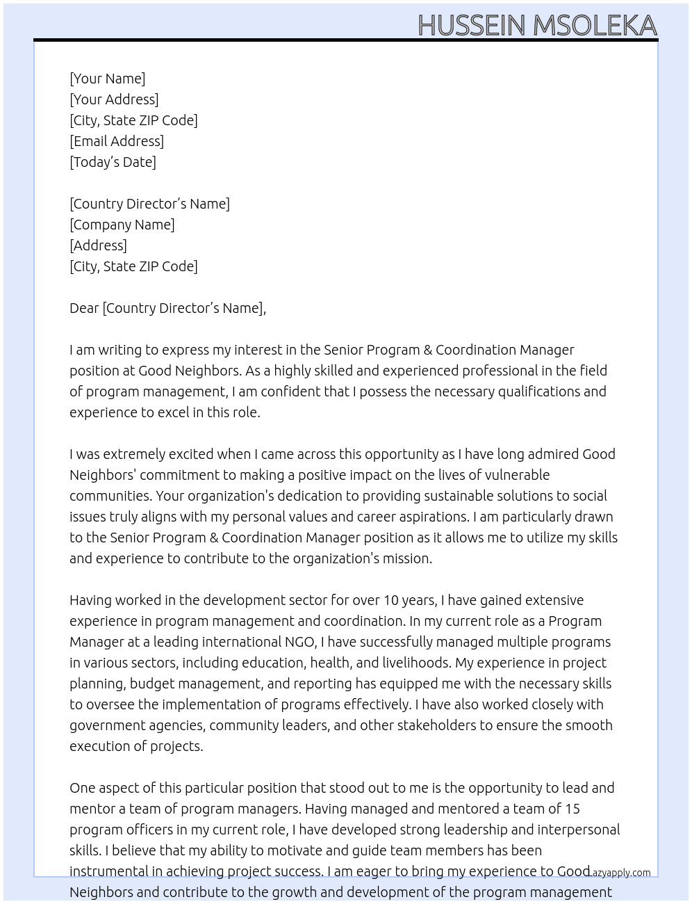 senior program & coordination manager At GOOD NEIGHBORS Cover Letter