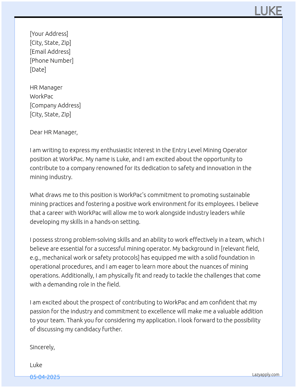 Cover letter for entry level mining operator - LazyApply