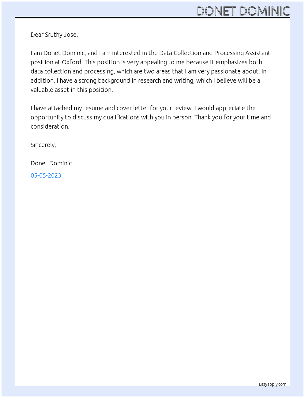  Data Collection and Processing Assistant At Oxford Cover Letter
