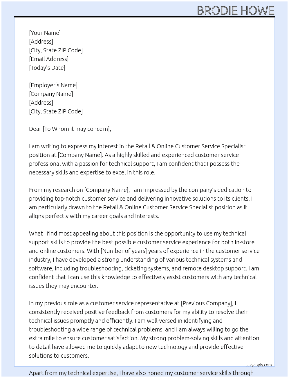 Retail & Online Customer Service Specialist At Retail & Online Customer Service Specialist Cover Letter