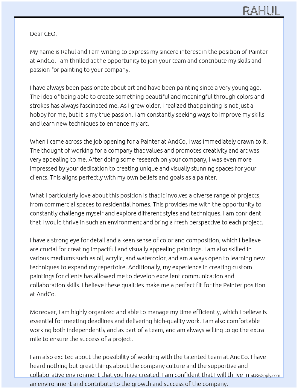 Painter  At AndCo Cover Letter