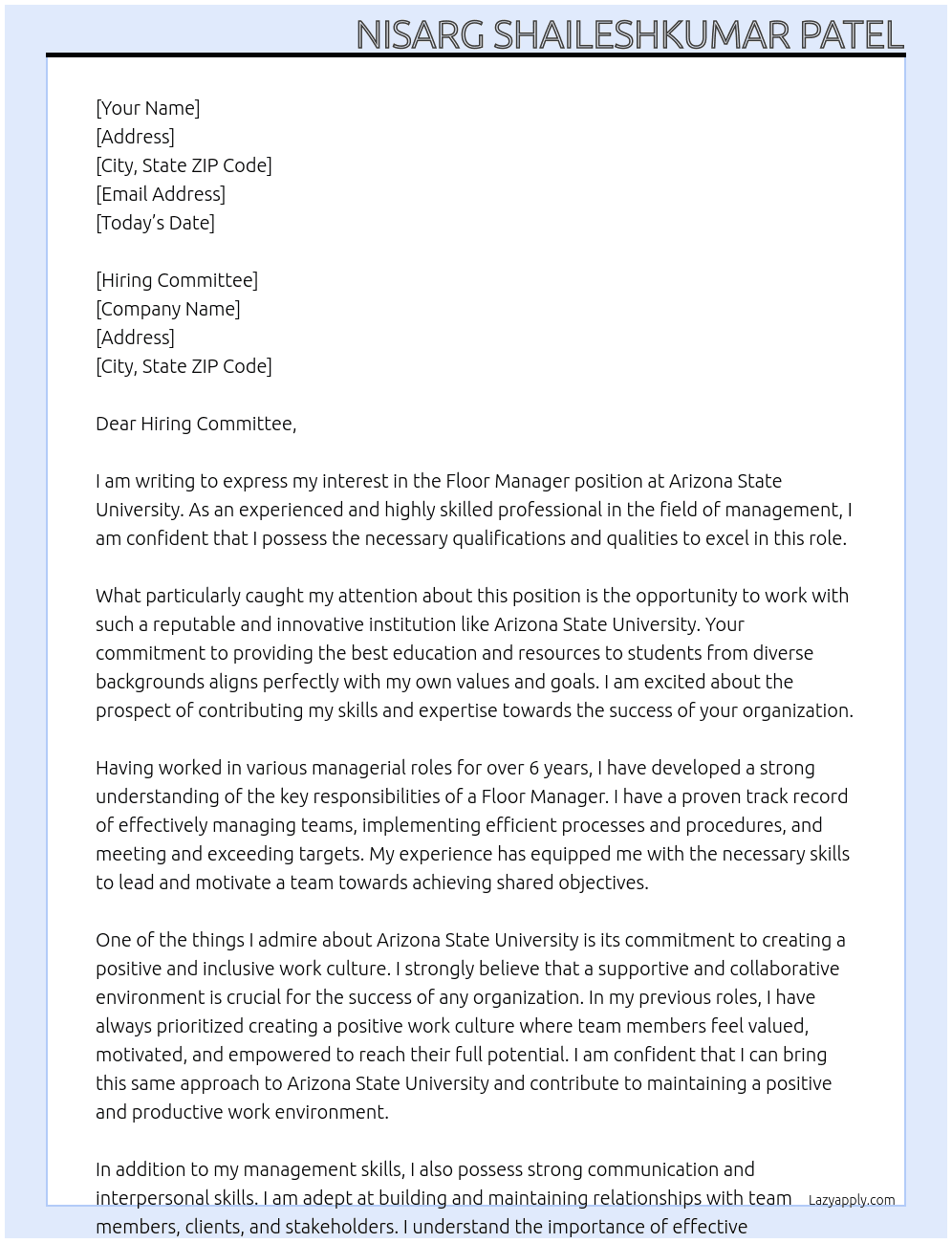 Floor Manager At Arizona State University  Cover Letter