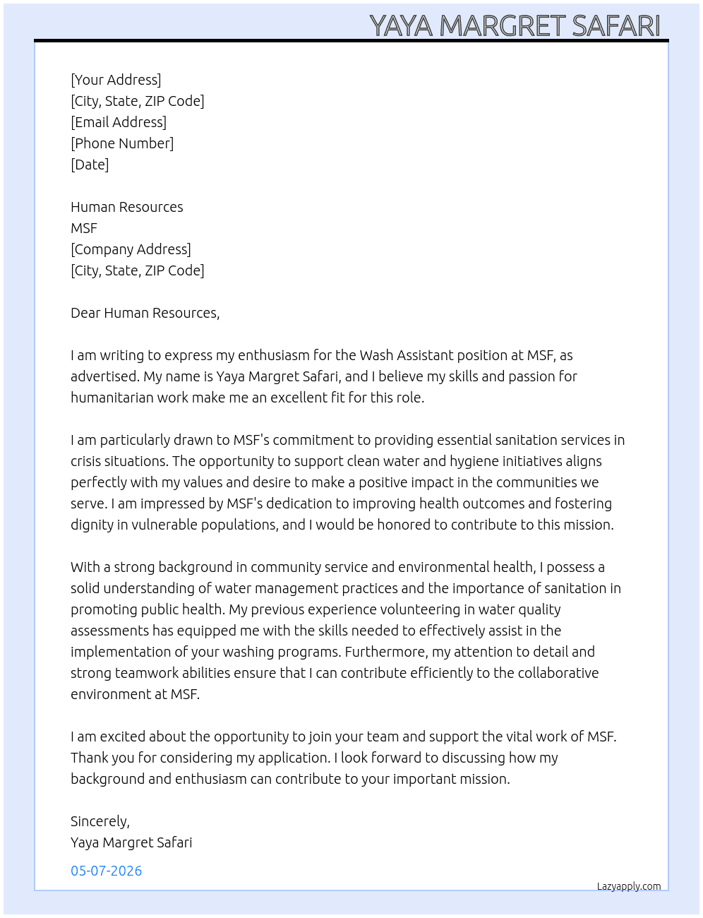 Wash assistant  At Msf Cover Letter