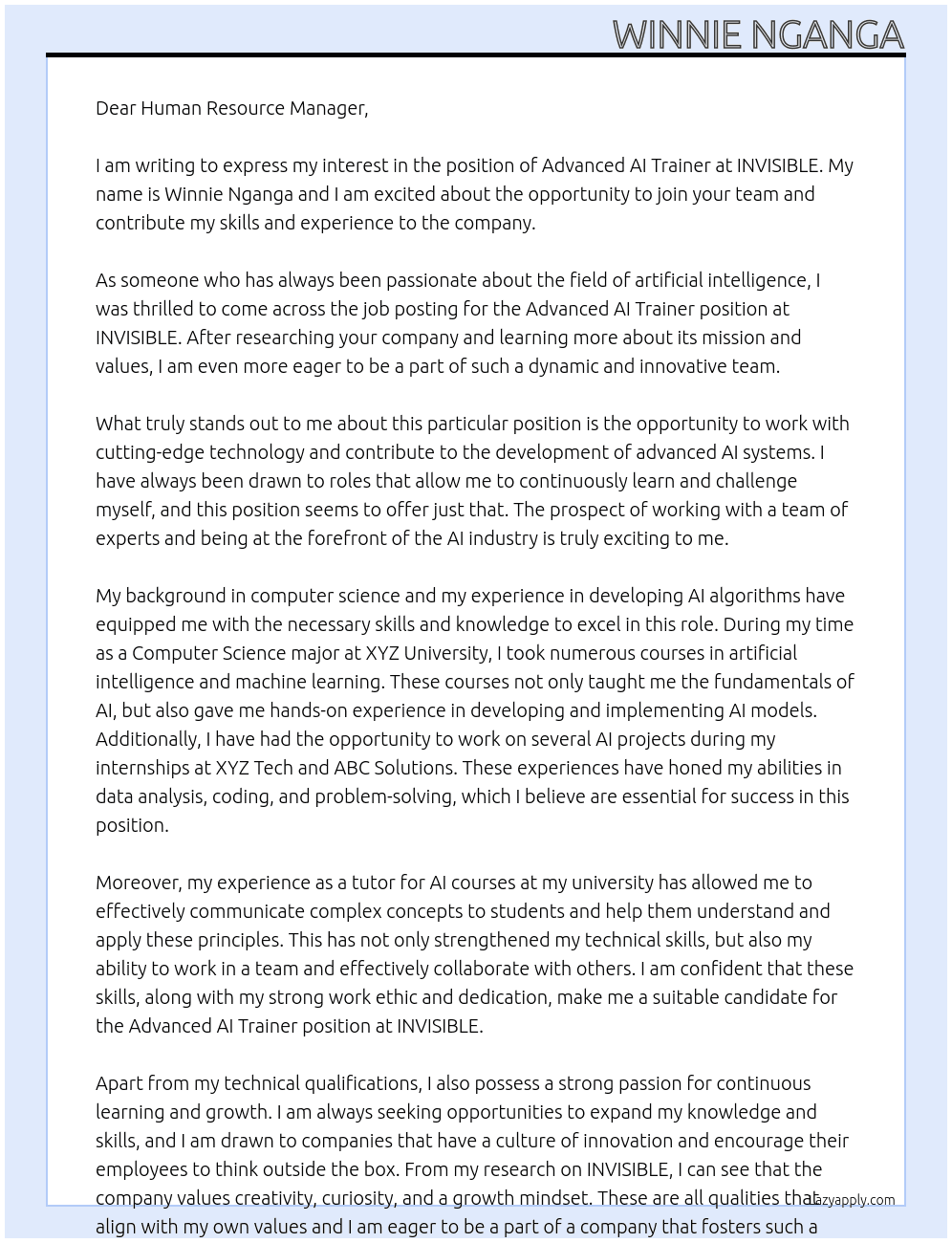 Advanced Ai Trainer At INVISIBLE Cover Letter