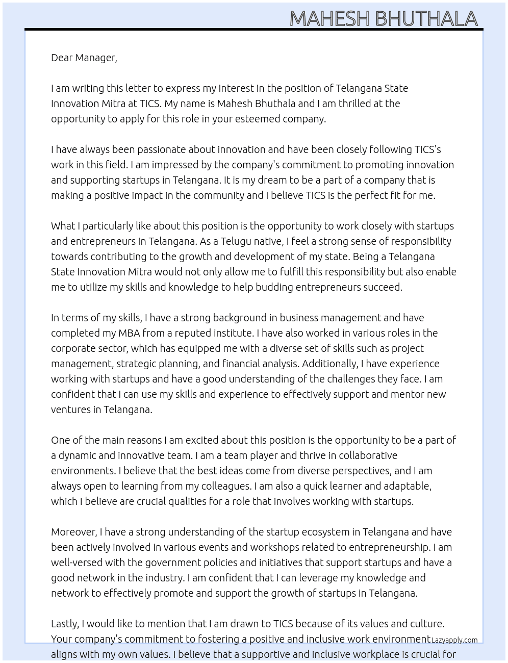 Telangana state innovation Mitra  At TICS Cover Letter