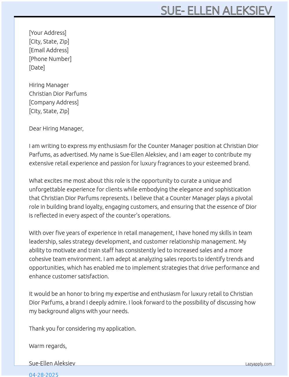 Cover letter for counter manager - LazyApply