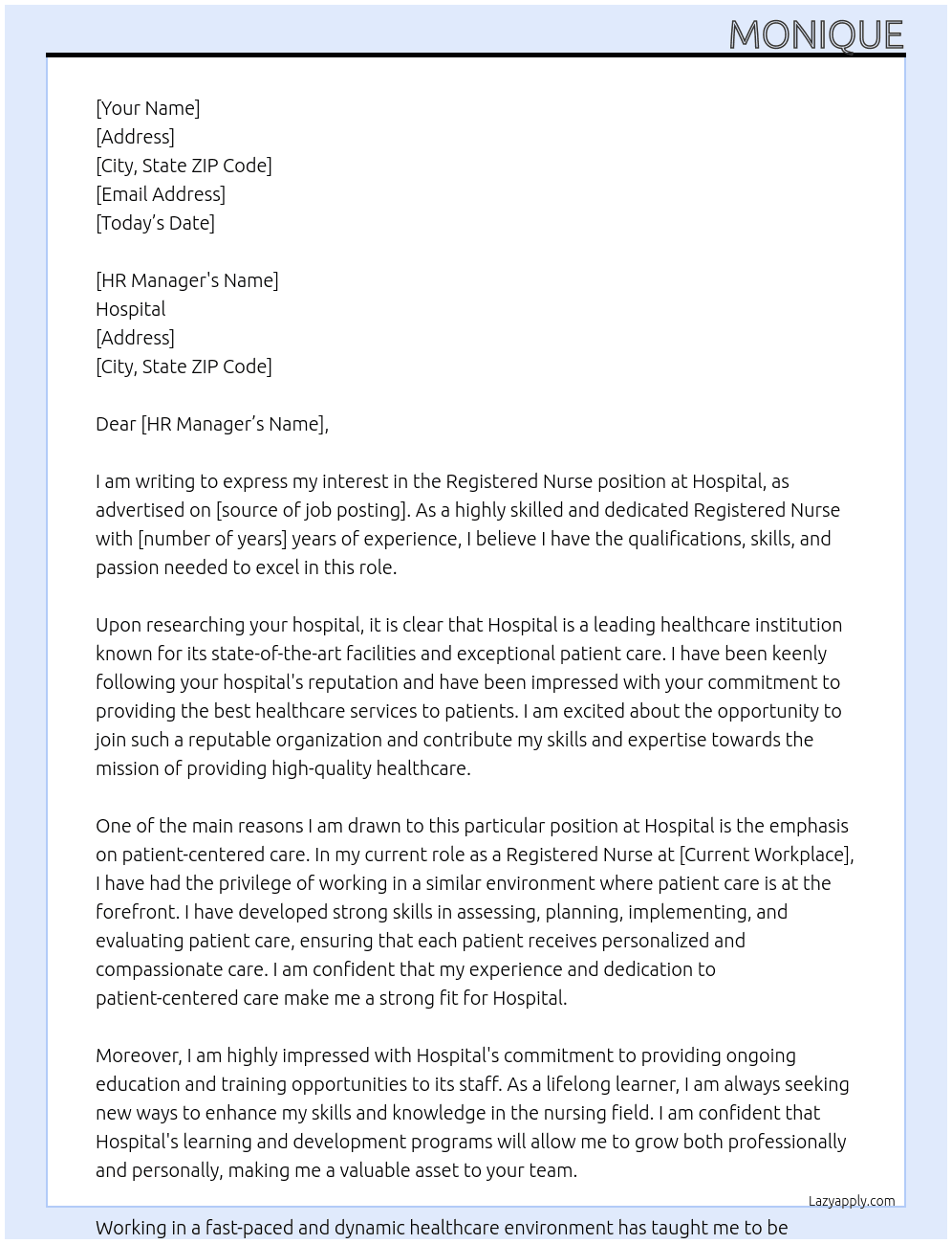 Registered Nurse  At Hospital Cover Letter