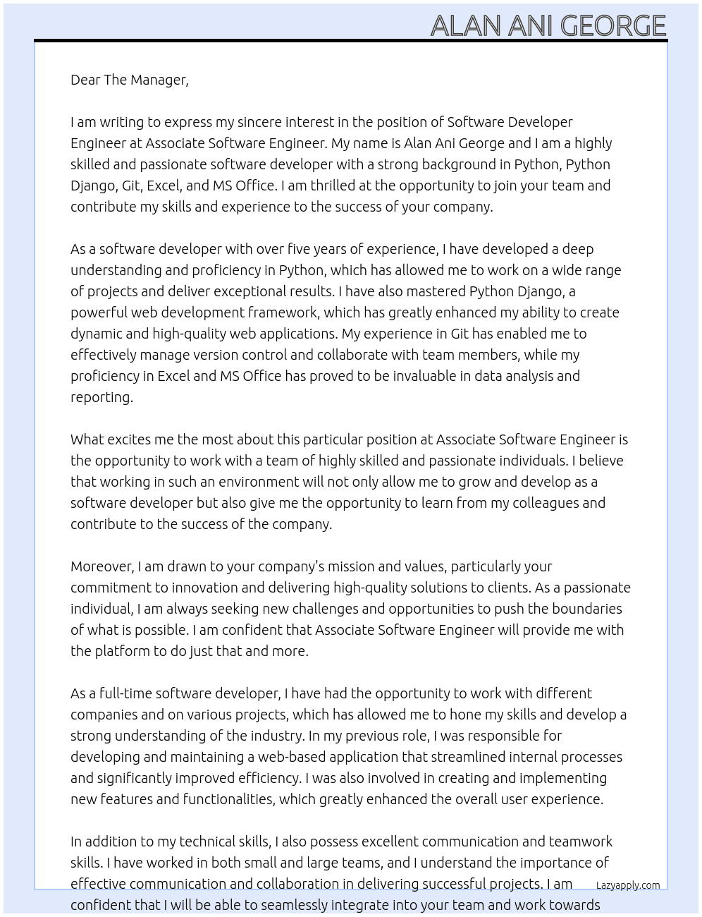 software Developer Engineer At Associate Software Engineer Cover Letter