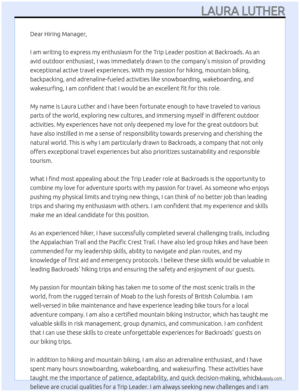 Trip Leader At Backroads Cover Letter