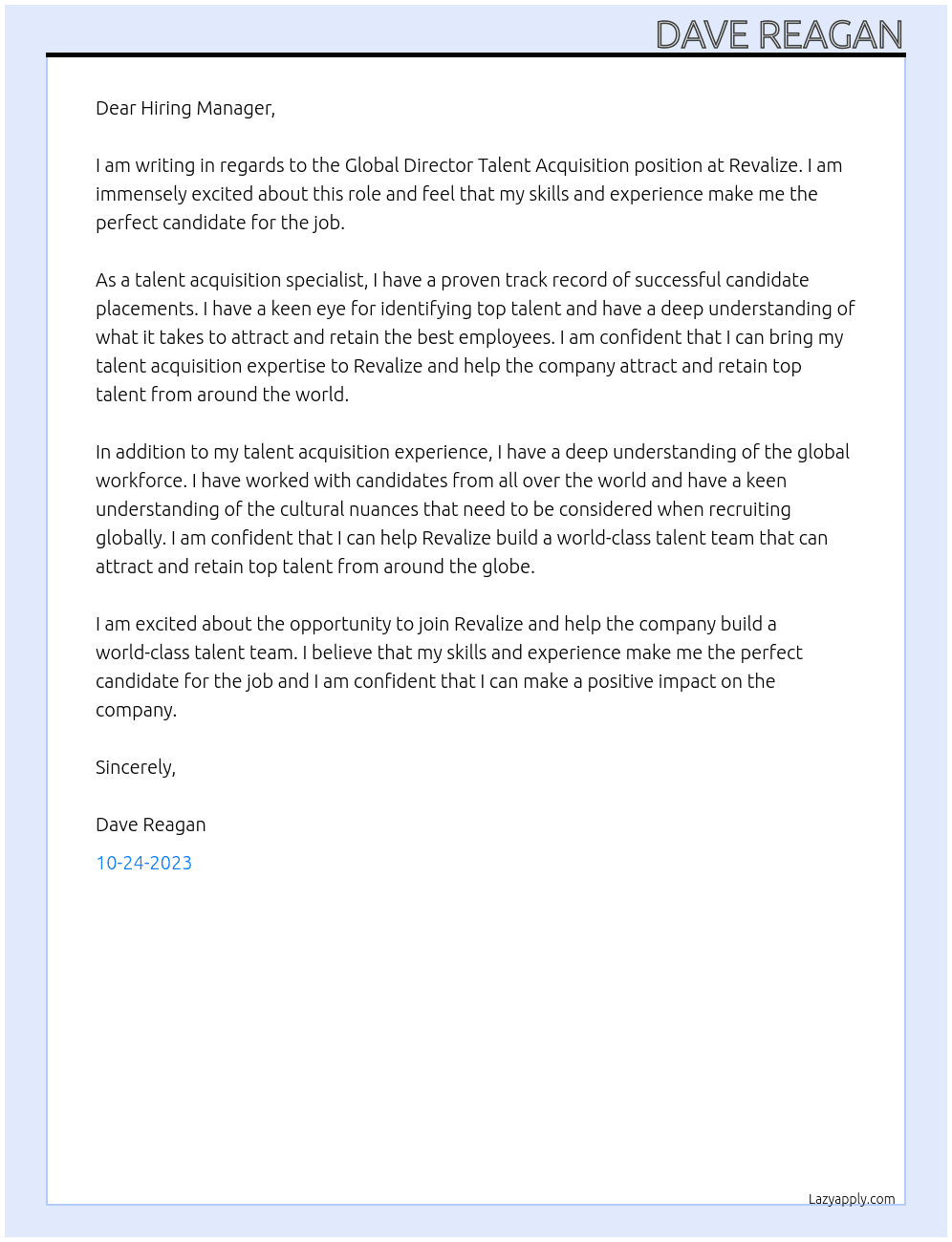 Global Director Talent Acquisition At Revalize Cover Letter