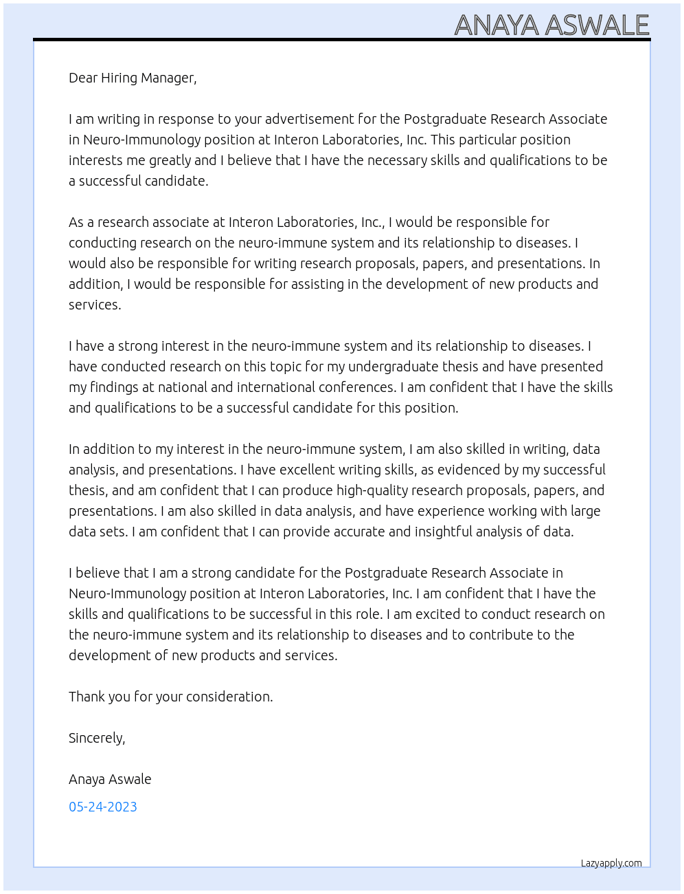 Postgraduate Research Associate in Neuro-Immunology At Interon Laboratories, Inc.  Cover Letter