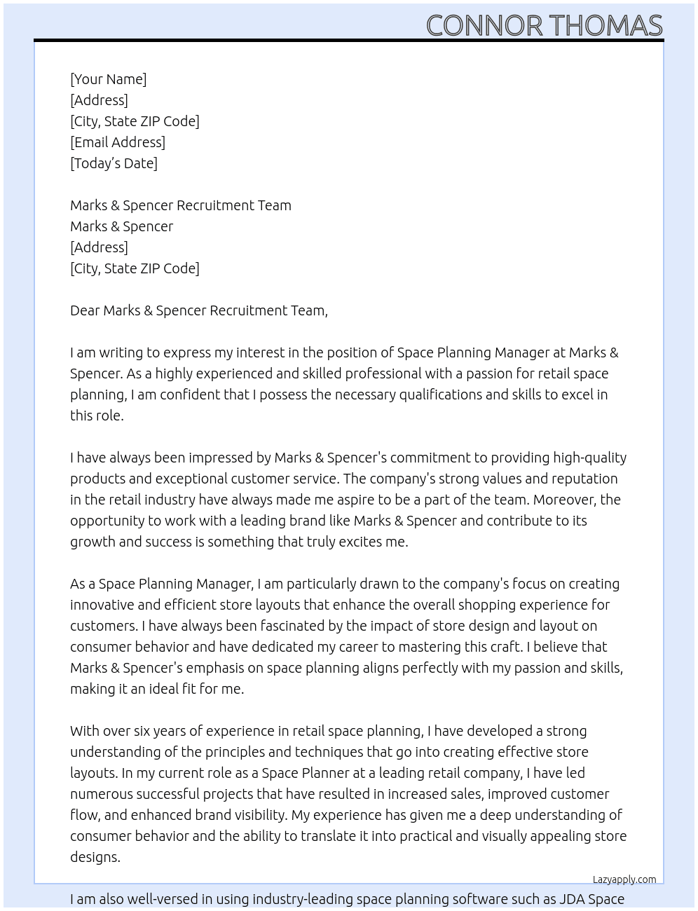 Space Planning Manager At Marks & Spencer Cover Letter