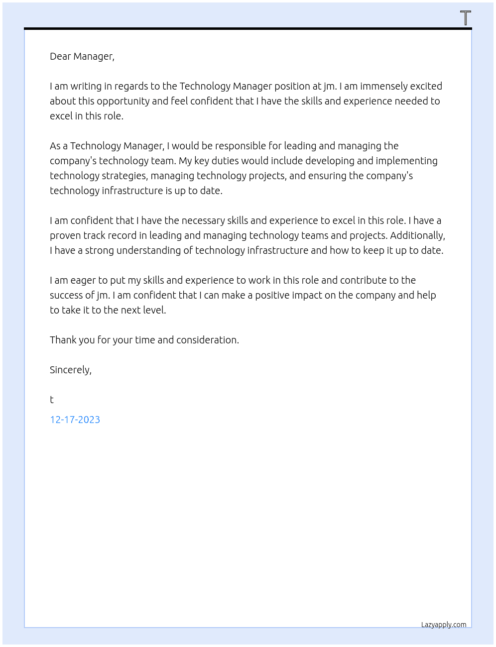 Technology Manager At jm Cover Letter