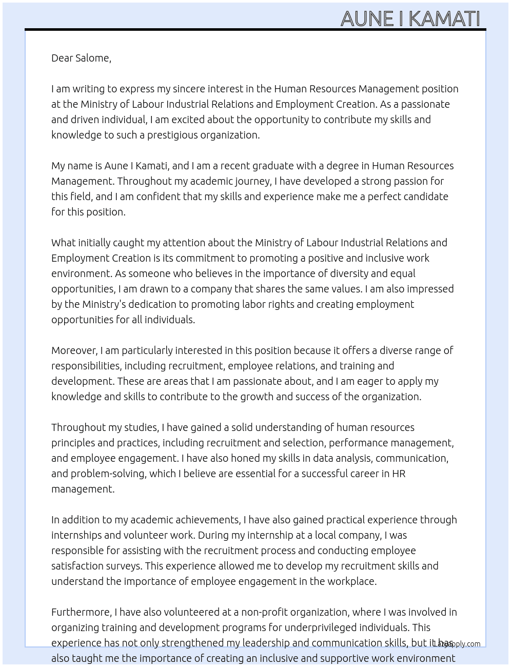 Human Resources Management graduate  At Ministry of Labour Industrial Relations and Employment Creation  Cover Letter