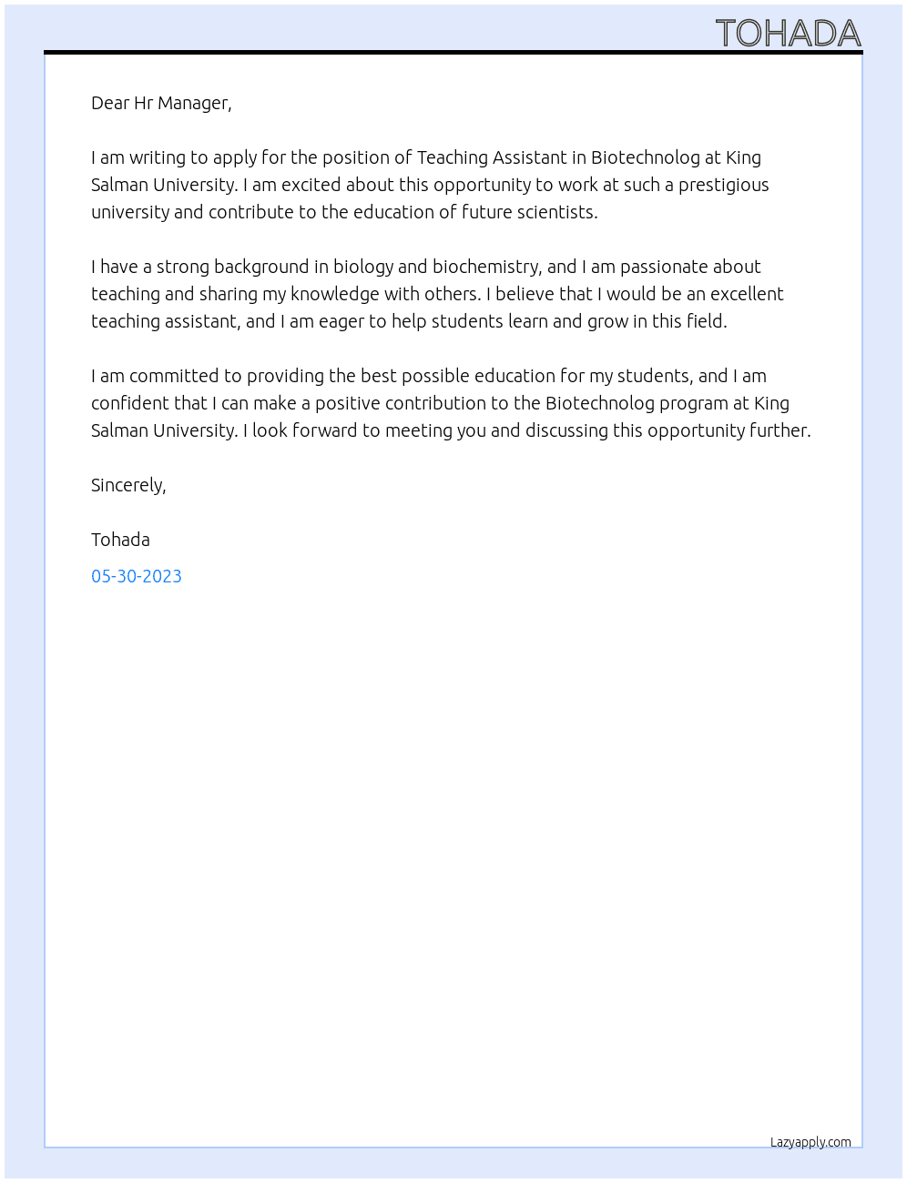 Teaching Assistant in Biotechnolog  At King Salman University Cover Letter