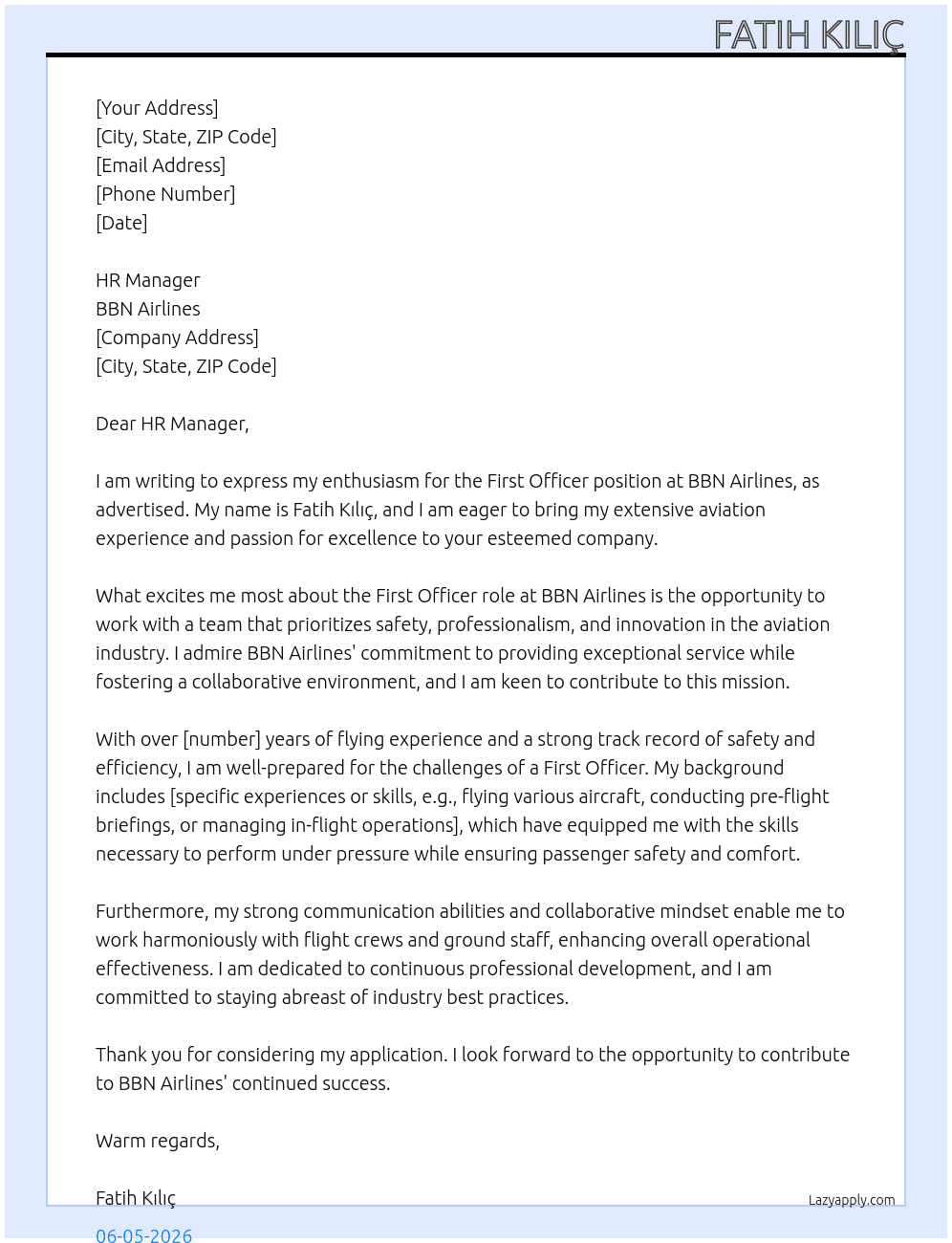 first officer At bbn airlines Cover Letter
