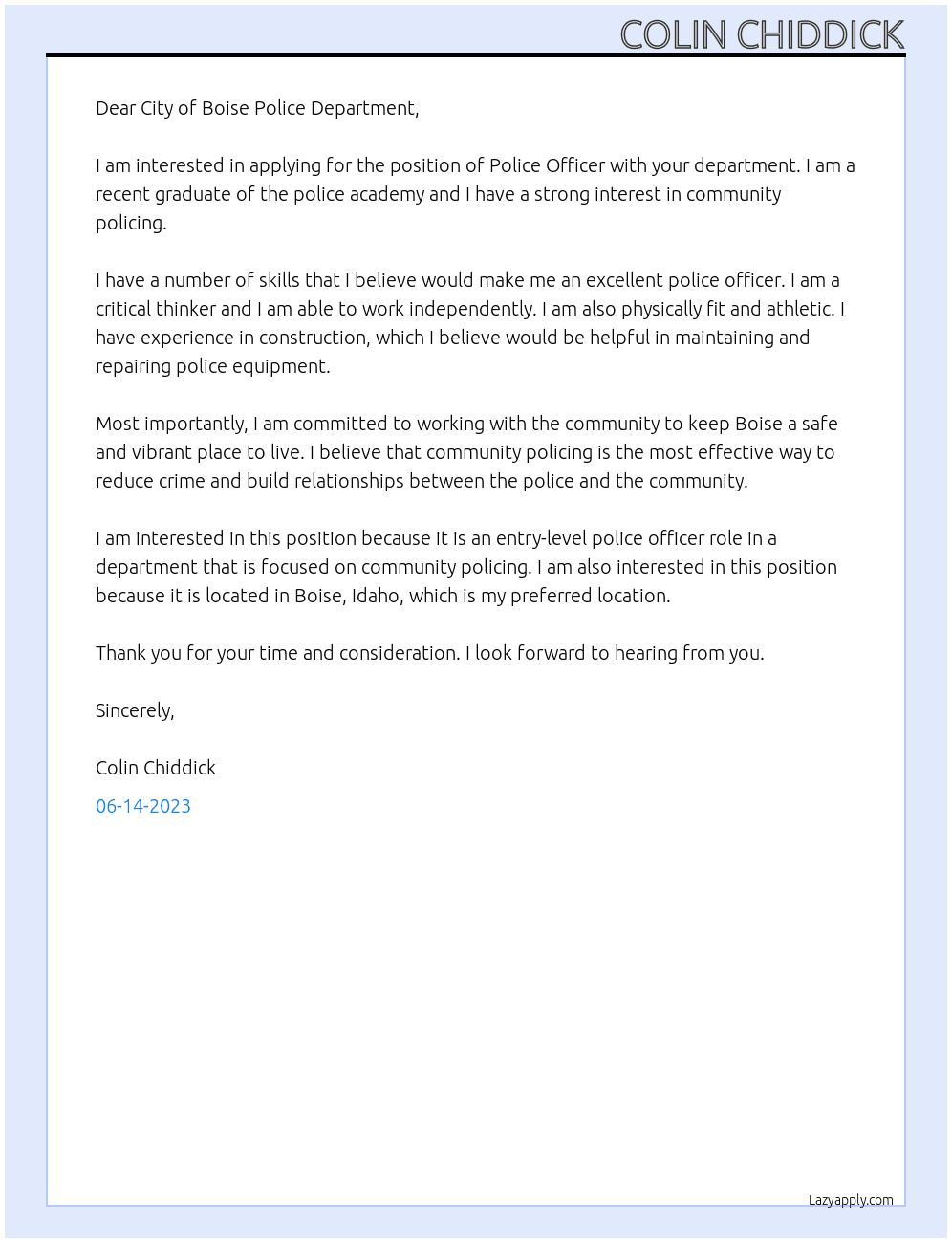 Police officer At Boise Police department  Cover Letter