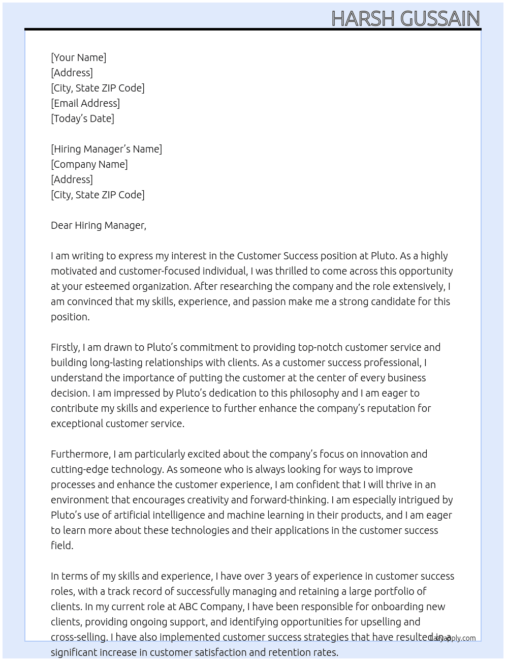 Customer Success At Pluto Cover Letter