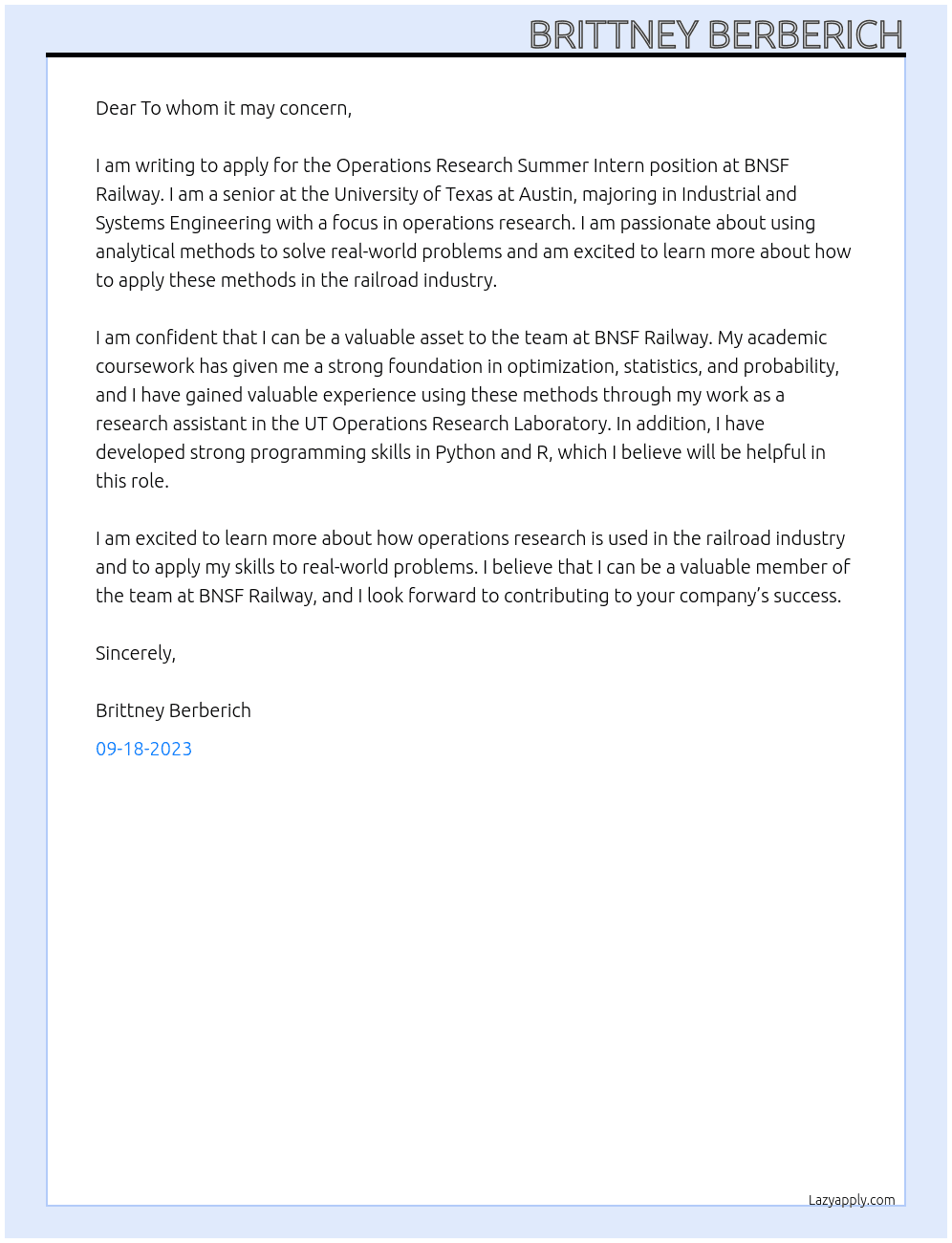 Operations Research Summer Intern At BNSF Railway Cover Letter