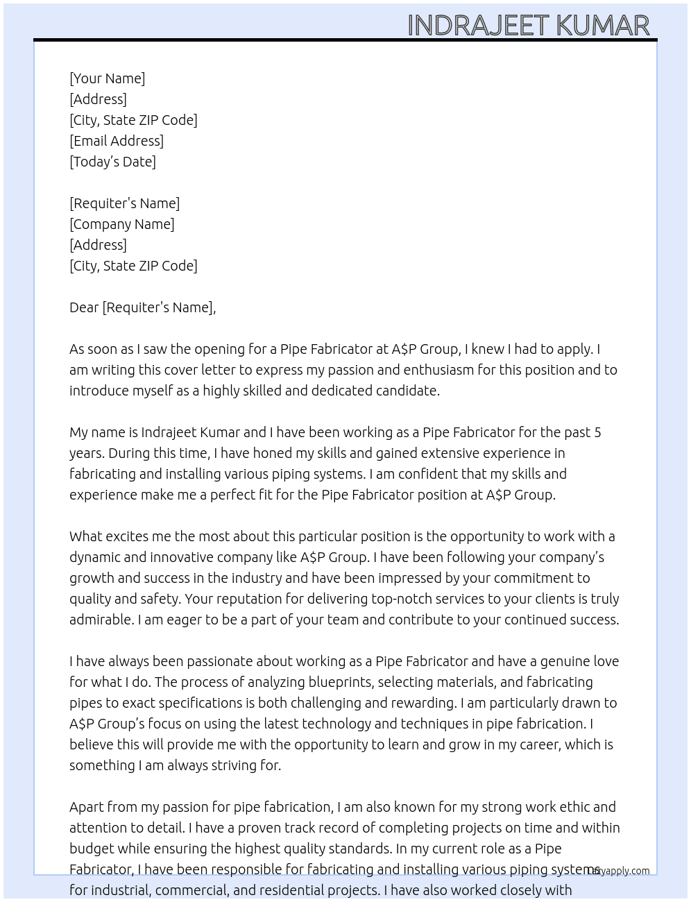 Pipe Fabricator  At A$P group  Cover Letter