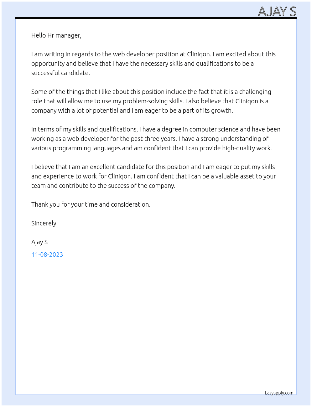 Web developer  At Cliniqon Cover Letter