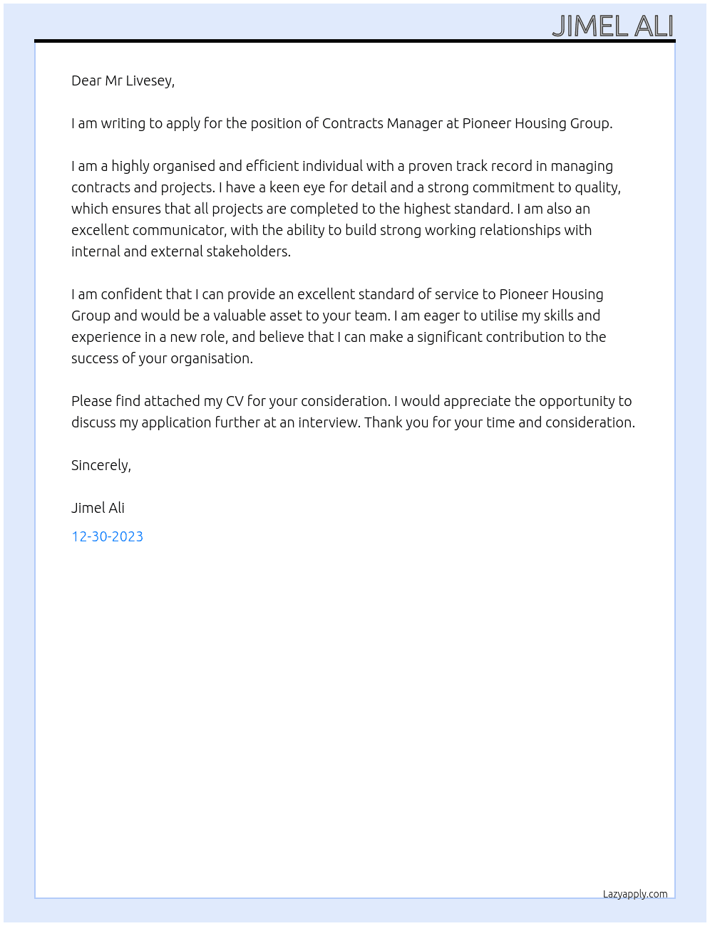 Contracts Manager At Pioneer Housing Group Cover Letter