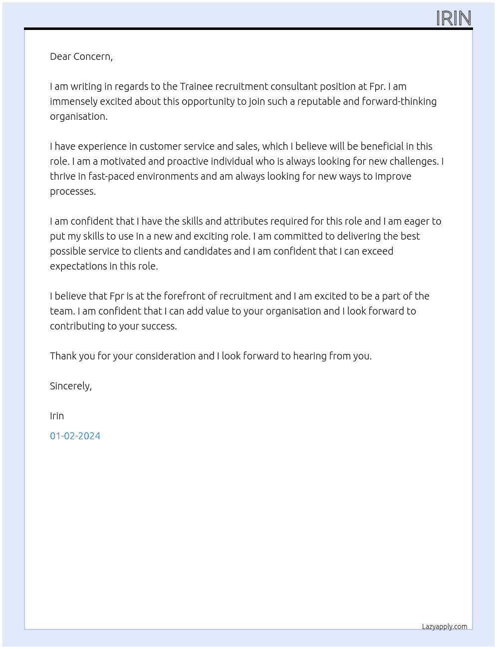 Trainee recruitment consultant  At Fpr Cover Letter