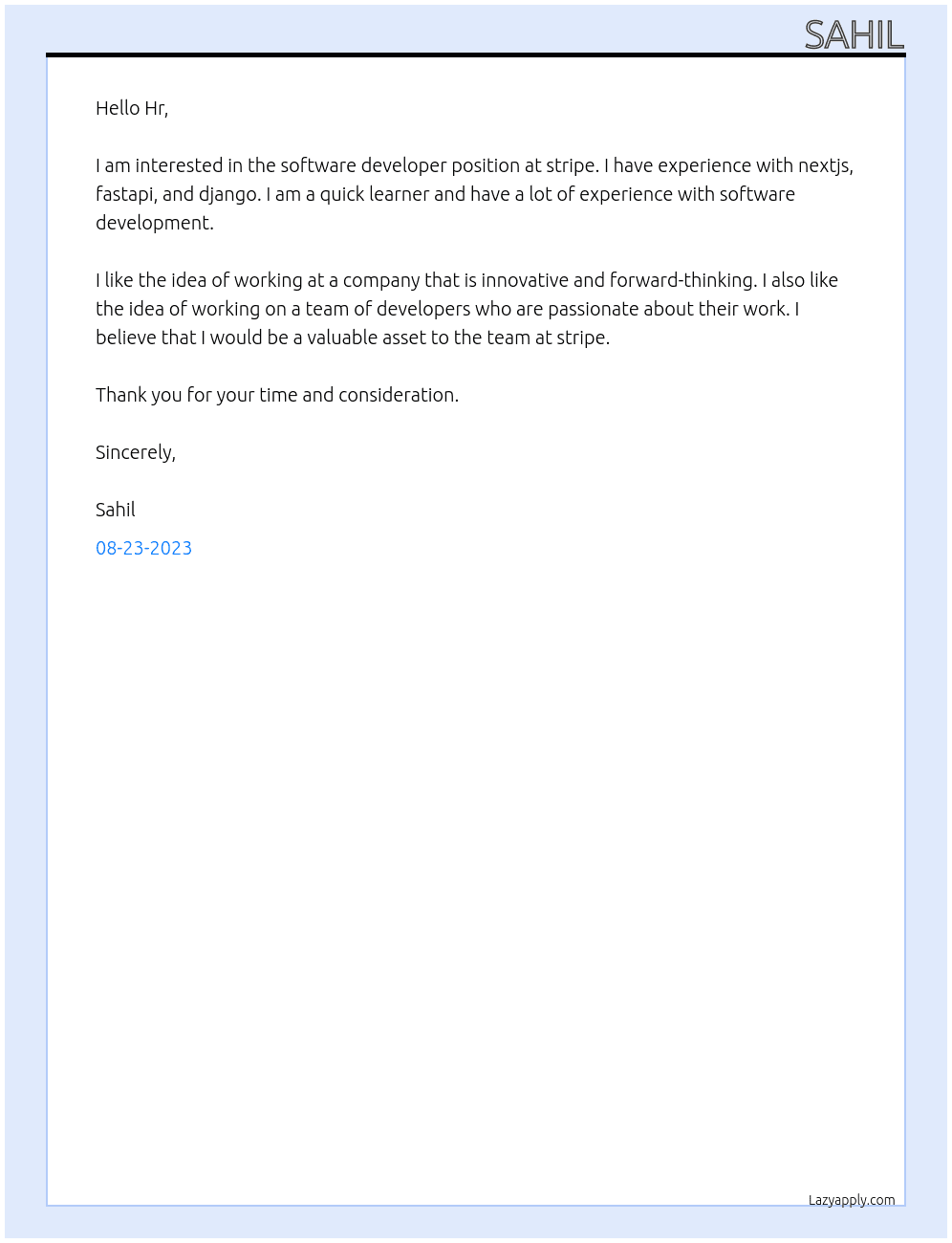 software developer At stripe Cover Letter