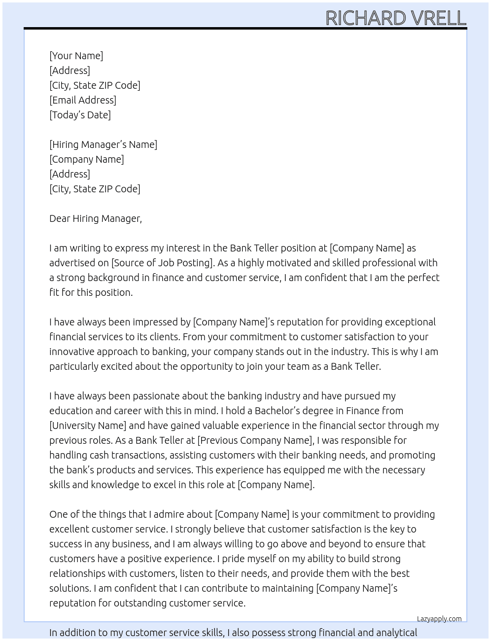 Bank Teller At Bank Cover Letter