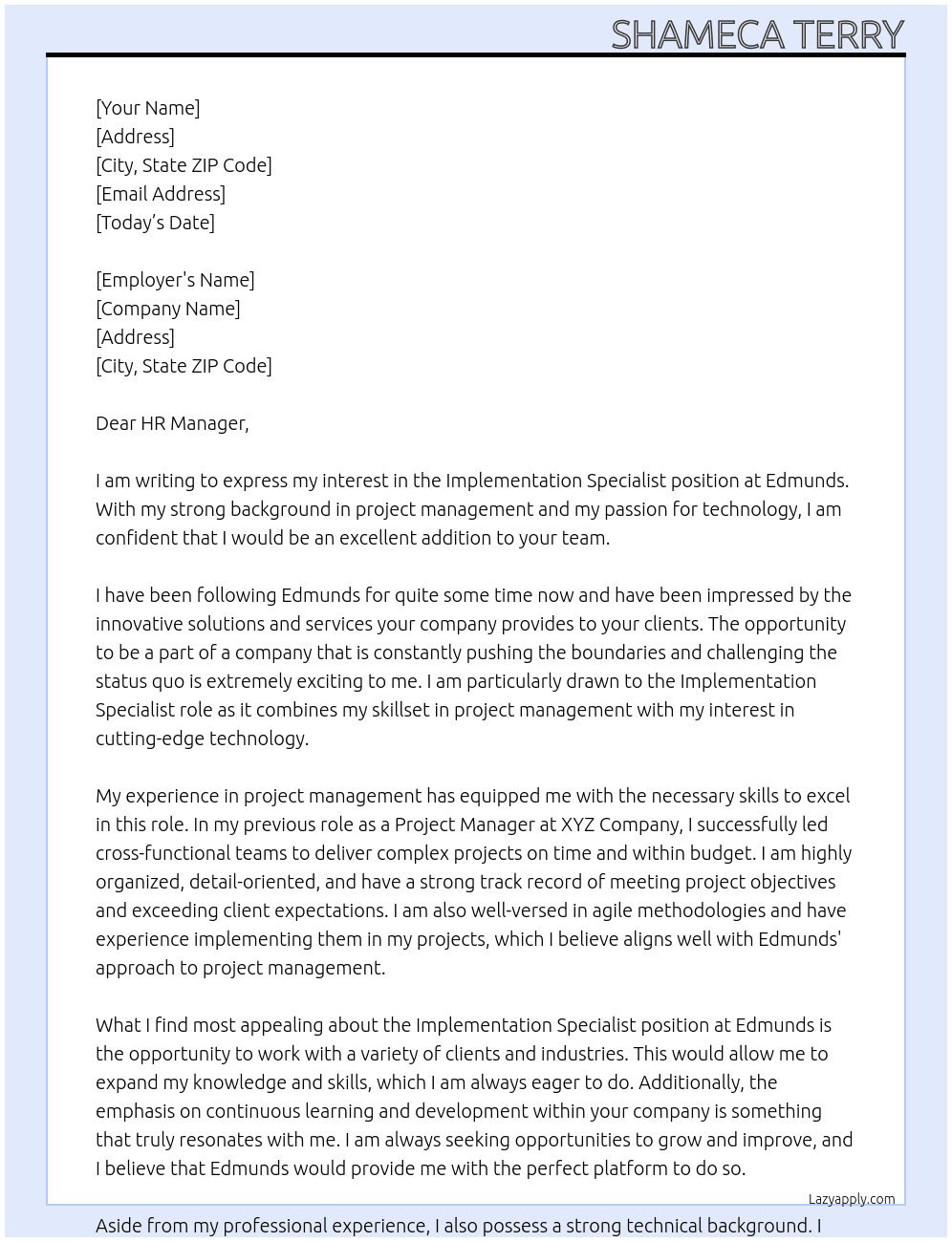 Implementation Specialist  At edmunds Cover Letter